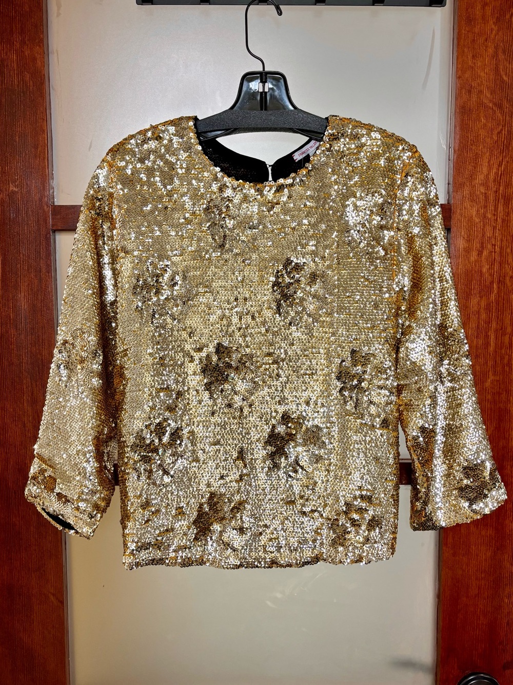 Frances Valentine Gold Sequin Top with Floral Imprint Design